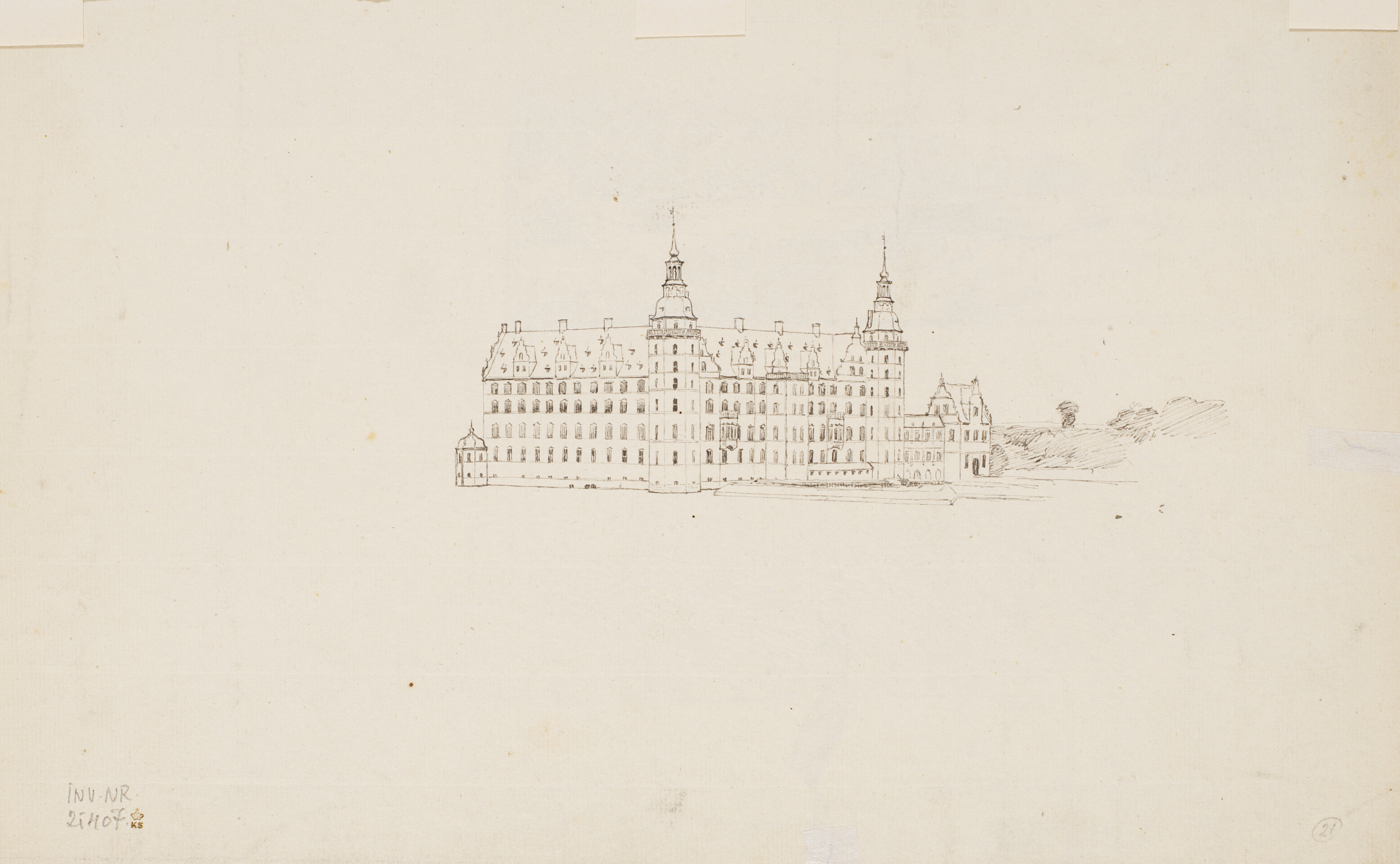 Skitse af Frederiksborg slot set fra søen, audienshuset t.h.